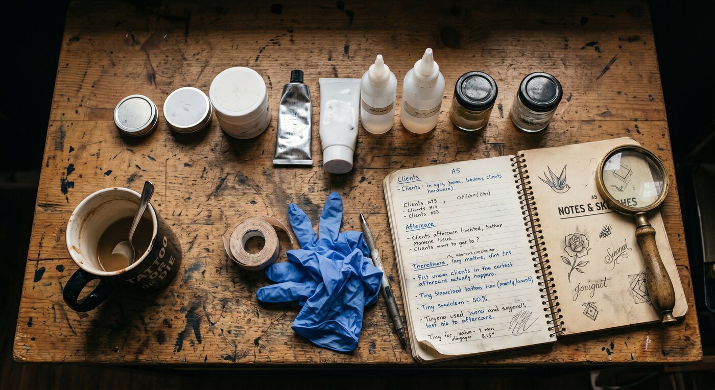 Overhead flatlay of aftercare products, a notebook with handwritten scores, and a handheld magnifier on a worn wooden workbench — the actual testing setup.