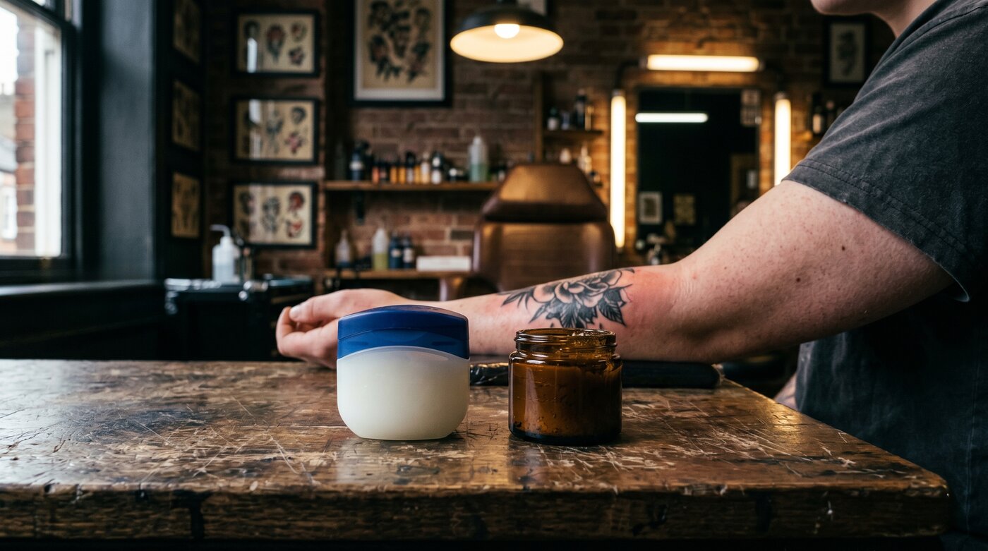 Editorial hero image for Aquaphor vs Modern Tattoo Balm: When the Classic Still Wins (and When It Doesn't).