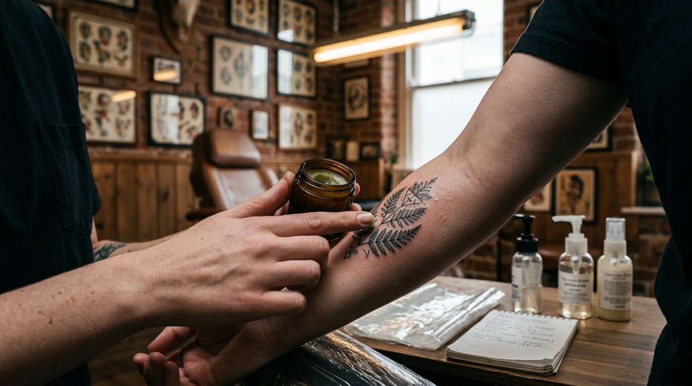 Reviewer applying tattoo balm from an amber jar to a freshly inked forearm in a tattoo shop.