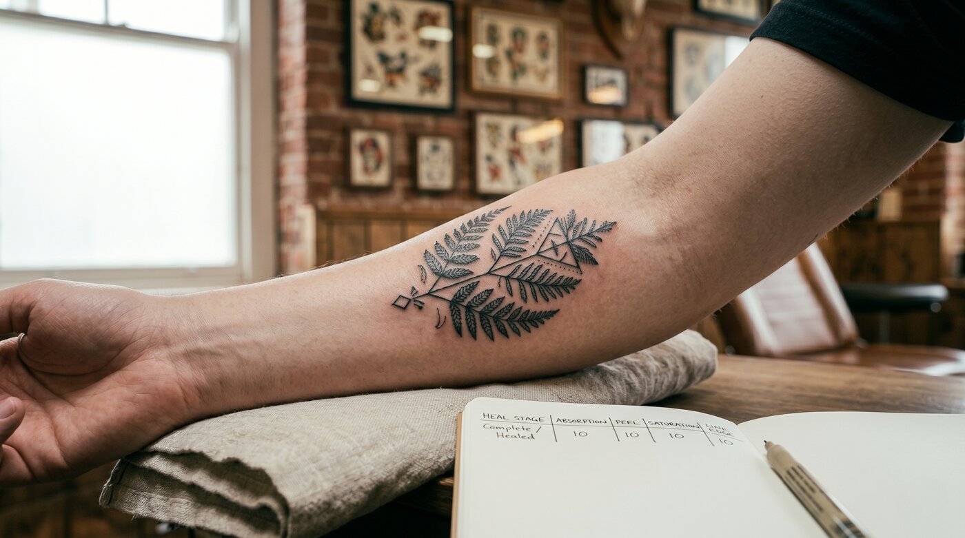 The fully healed tattoo six weeks later, photographed in soft window light with a scoring notebook beside it.