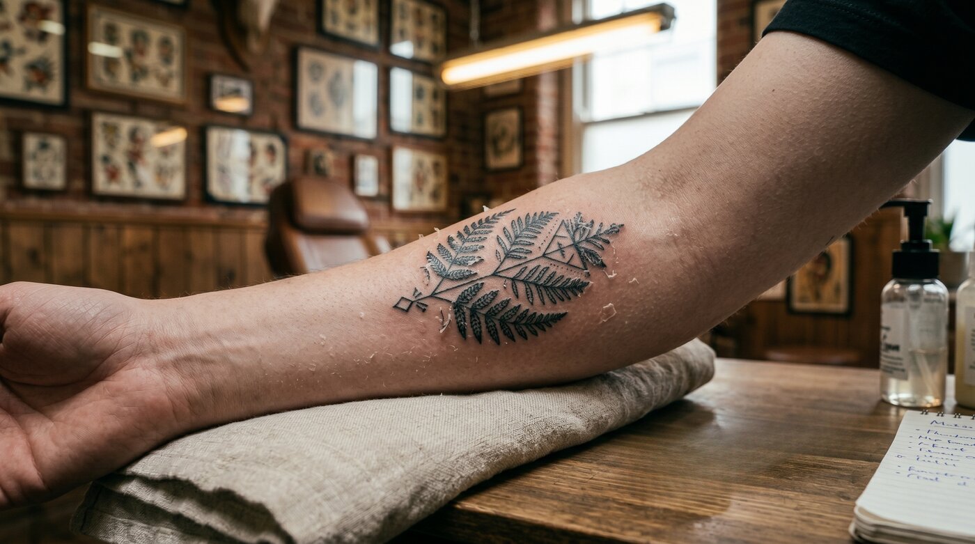 The same forearm five days later, mid-peel, with a handheld magnifier resting beside it.