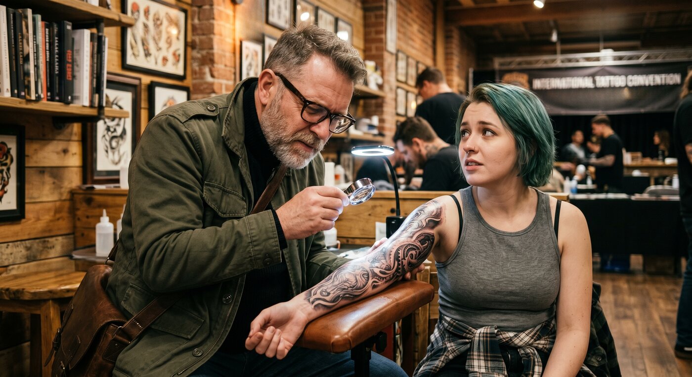 A reviewer inspecting a fresh sleeve tattoo with a magnifier at an artist's chair.