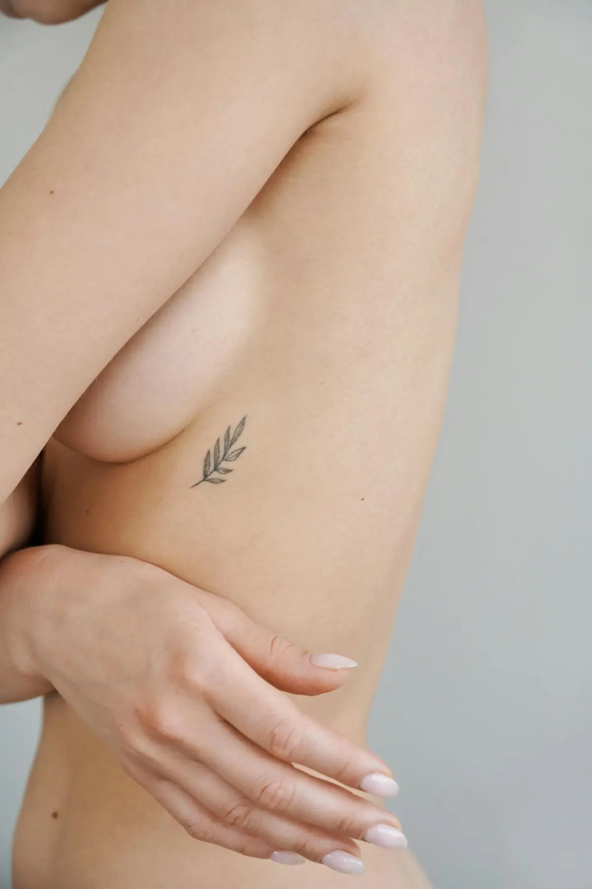 Small fine-line botanical leaf sprig on the ribs