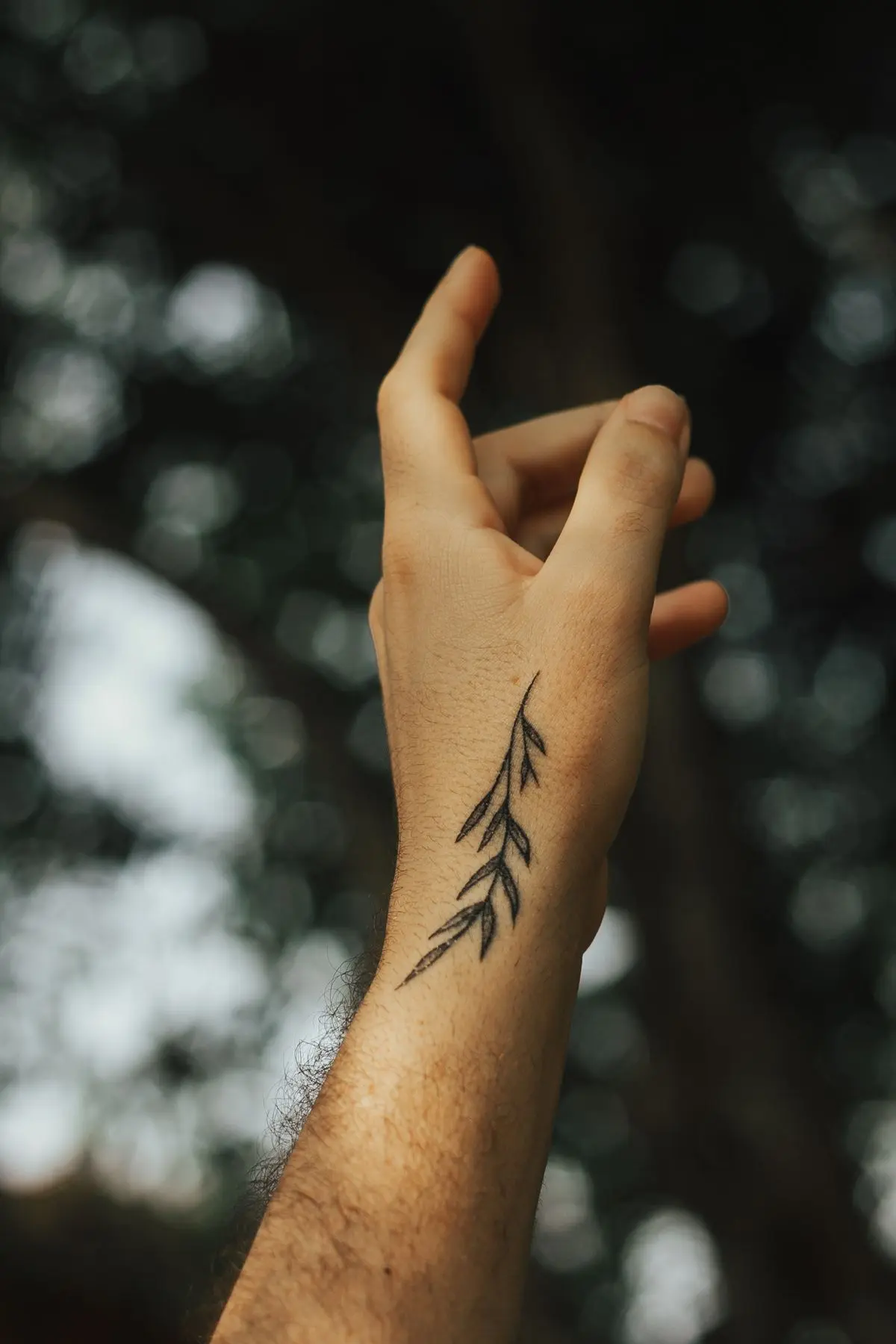 Small delicate leaf sprig tattoo on the back of a hand