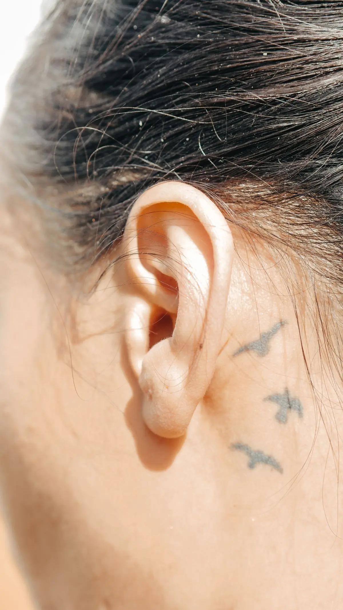 Three tiny flying bird silhouettes tattooed behind the ear