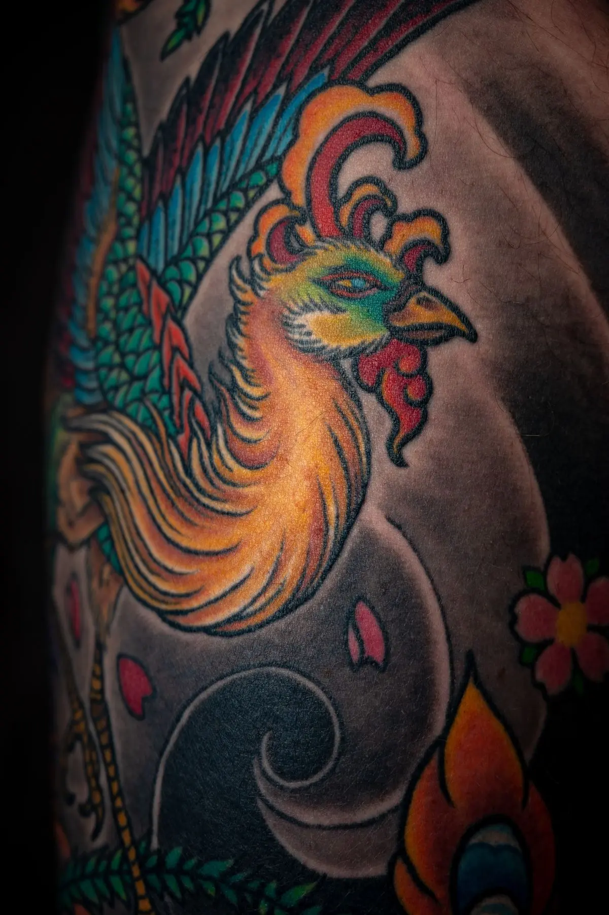 Neo-traditional color phoenix with teal and orange plumage and cherry blossoms on the arm