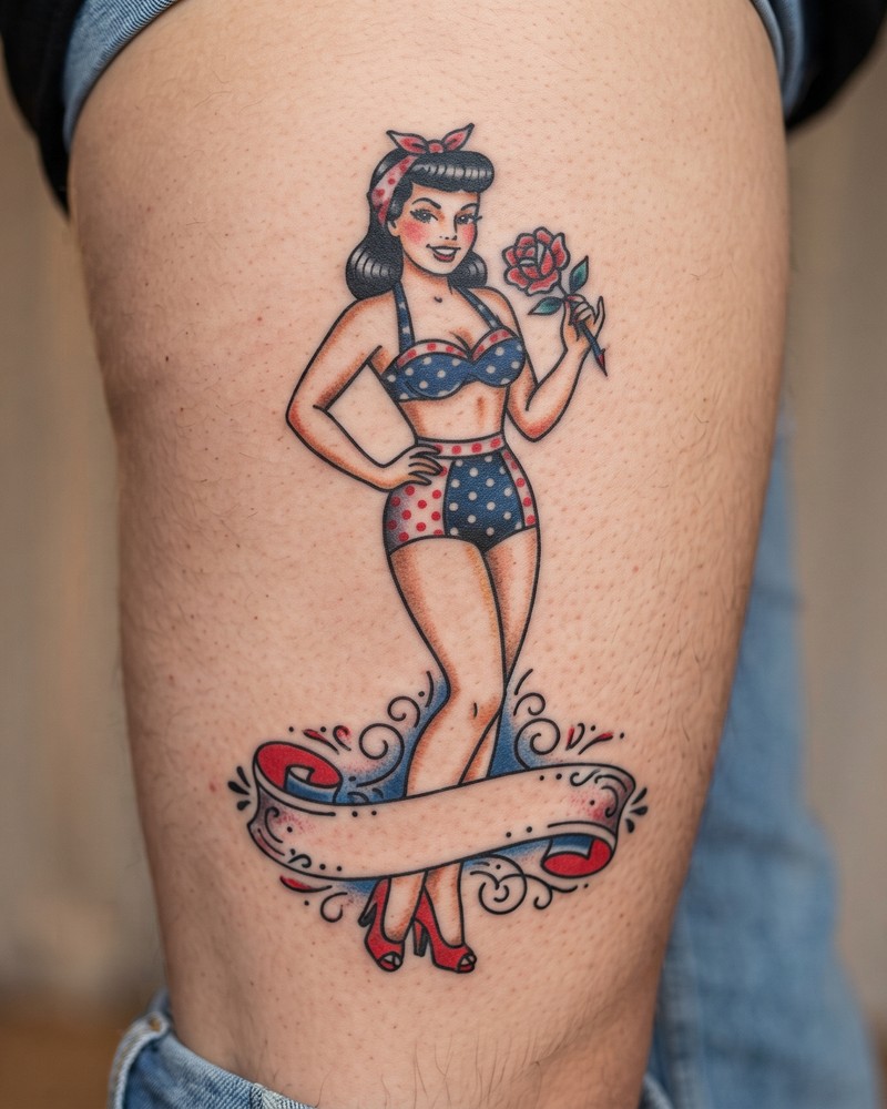 Pinup tattoo: Classic American illustration: bold color, idealized figure, vintage charm.