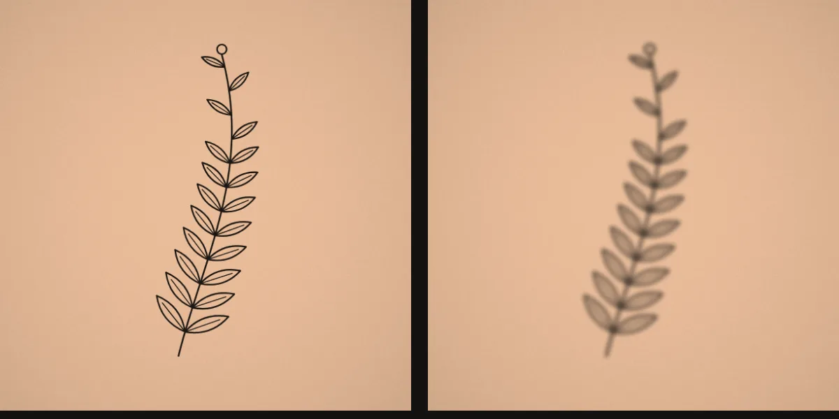 A fine-line sprig tattoo shown healed and as modelled after 15 years, with softer, spread lines.